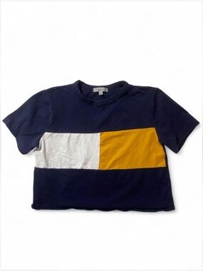 gaze Cropped Crew Neck Tee Colorblock Navy White Mustard Yellow Women’s Large